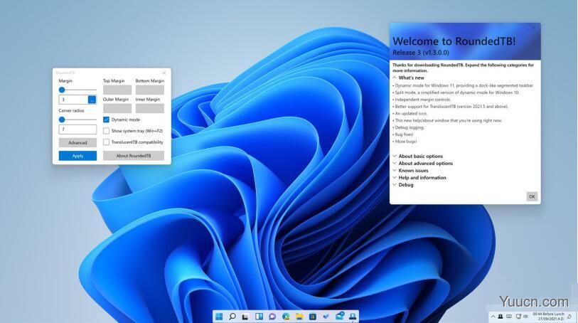 第三方工具RoundedTB 可让微软 Win11 任务栏变成圆角 UI