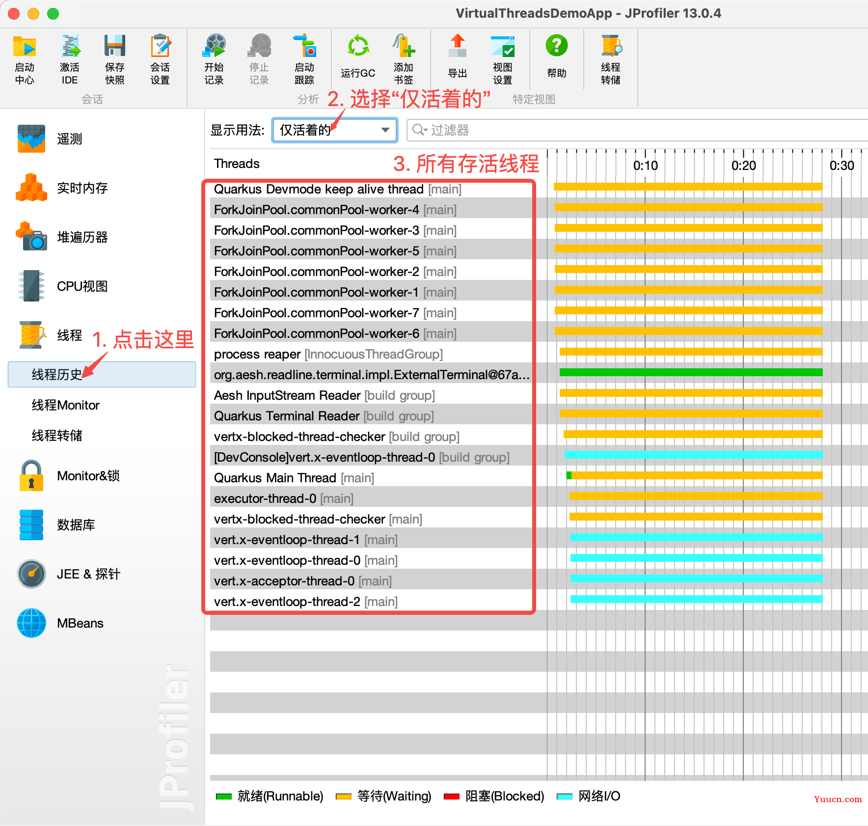 支持JDK19虚拟线程的web框架，之三：观察运行中的虚拟线程