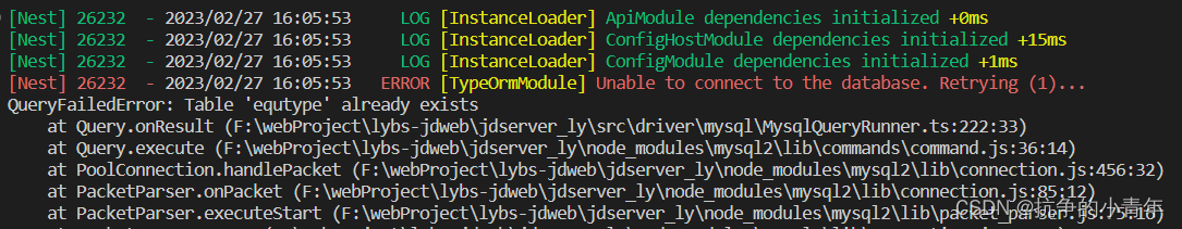 nestJs中使用typeORM报'QueryFailedError: Table 'equtype' already exists'错误