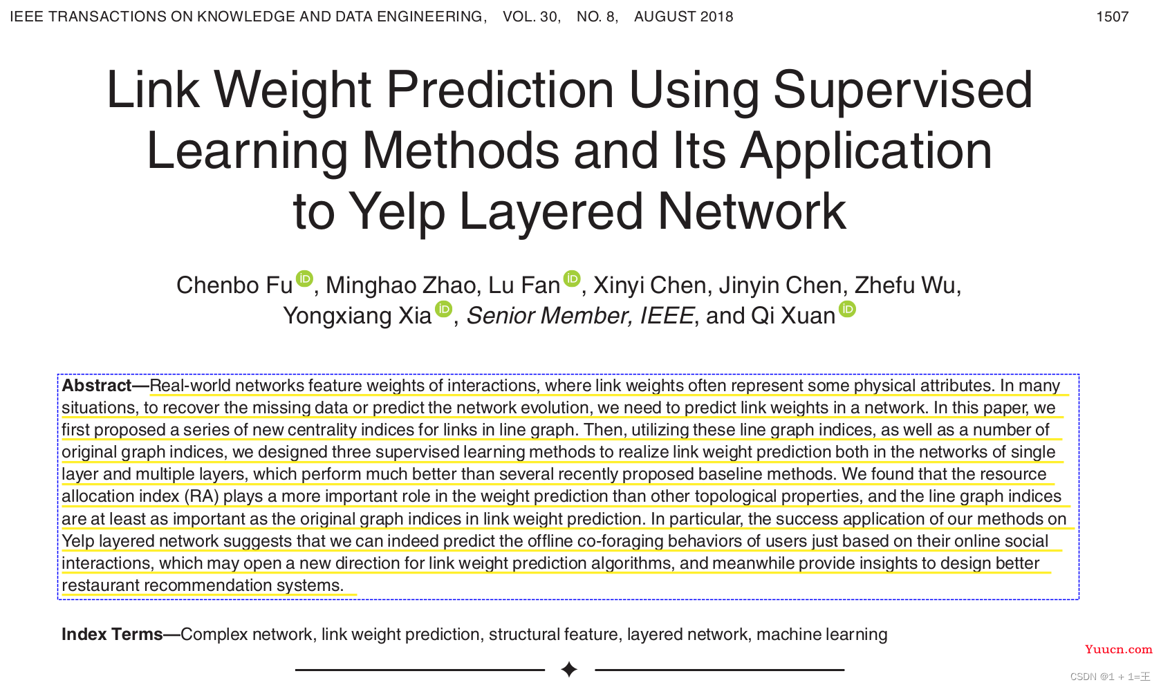 【论文导读】- Link Weight Prediction Using Supervised Learning Methods（使用监督学习方法的链路权重预测及其在Yelp网络中的应用）