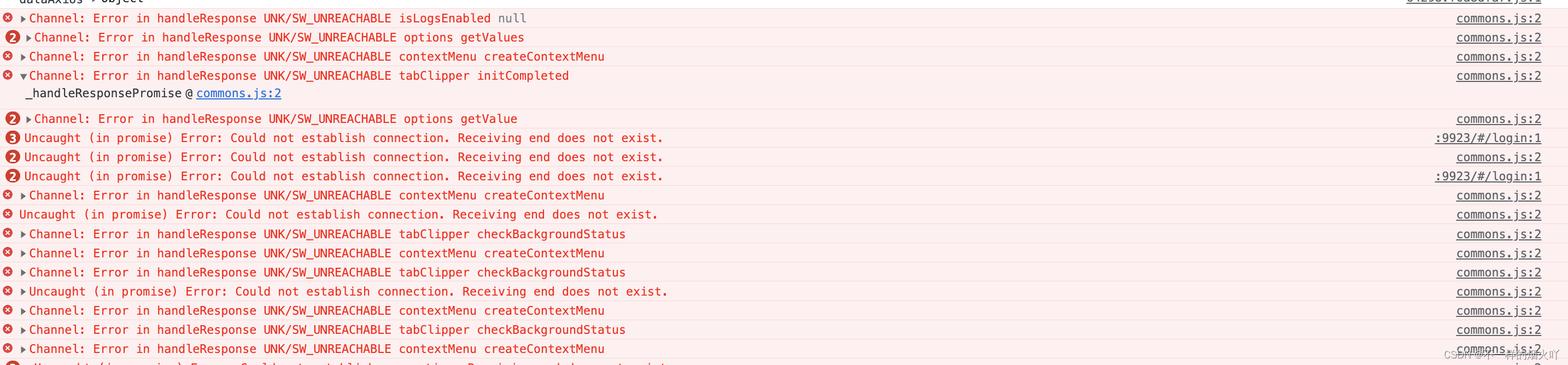 commons.js:2 Channel: Error in handleResponse UNK/SW_UNREACHABLE options getValues