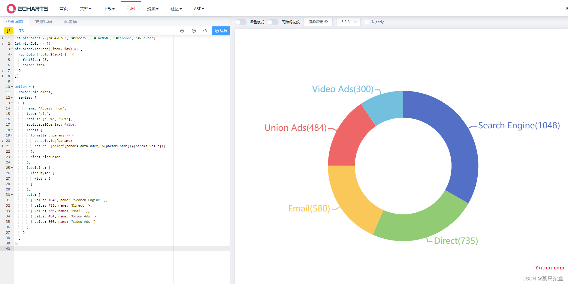 echarts：饼图标签formatter的使用/饼图自定义标签