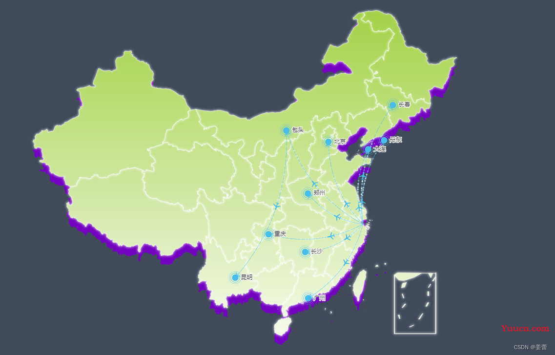 echarts5.0引入地图，背景渐变色，航线图，地图阴影