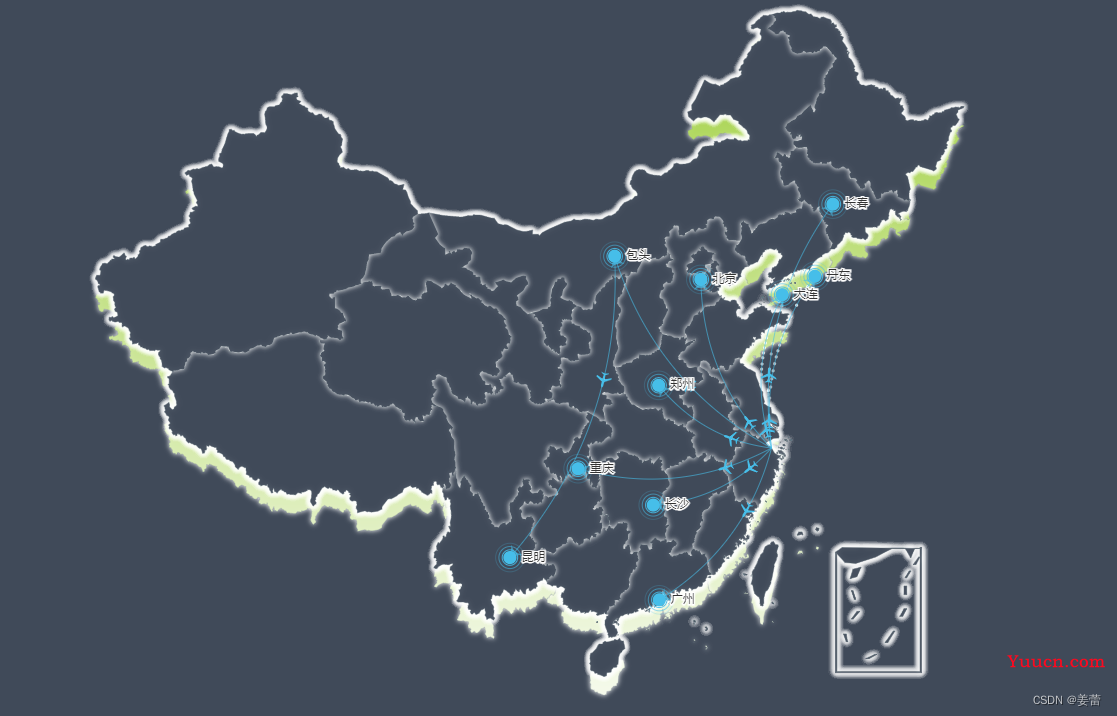 echarts5.0引入地图，背景渐变色，航线图，地图阴影