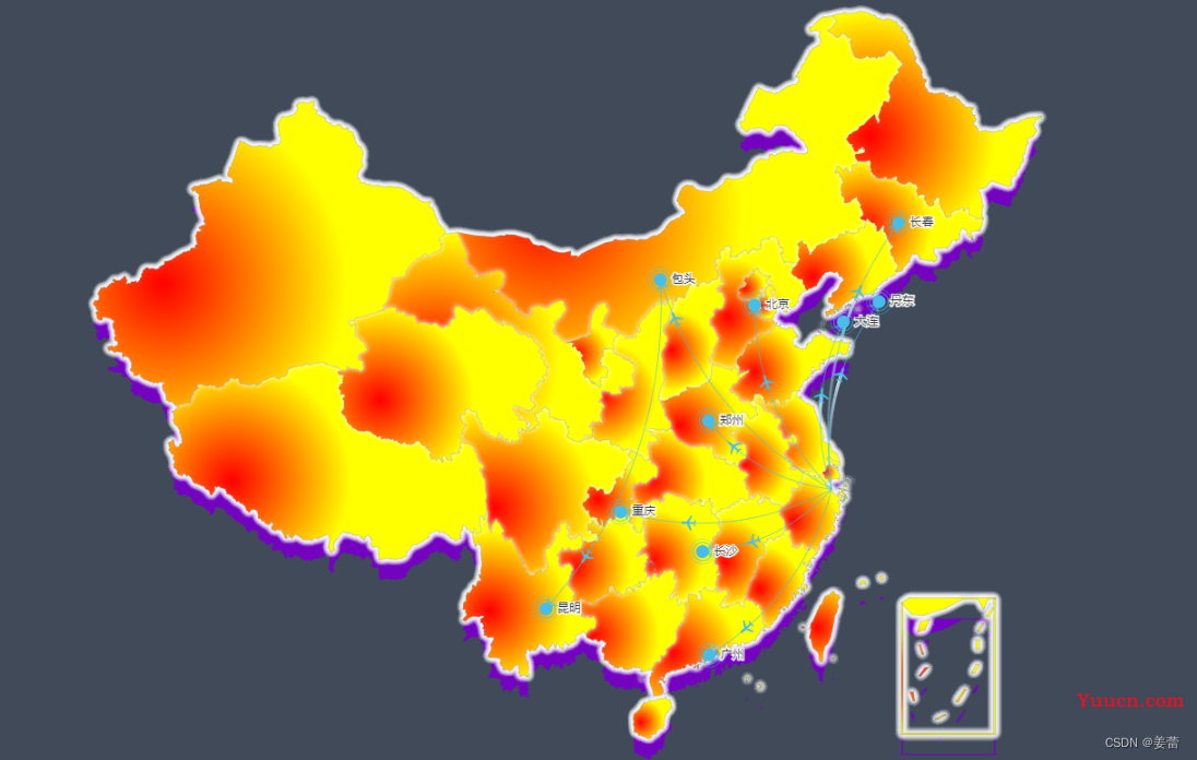 echarts5.0引入地图，背景渐变色，航线图，地图阴影