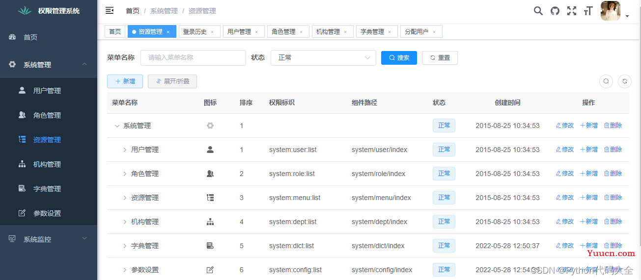 基于Python的Flask WEB框架实现后台权限管理系统（含数据库），内容包含：用户管理、角色管理、资源管理和机构管理